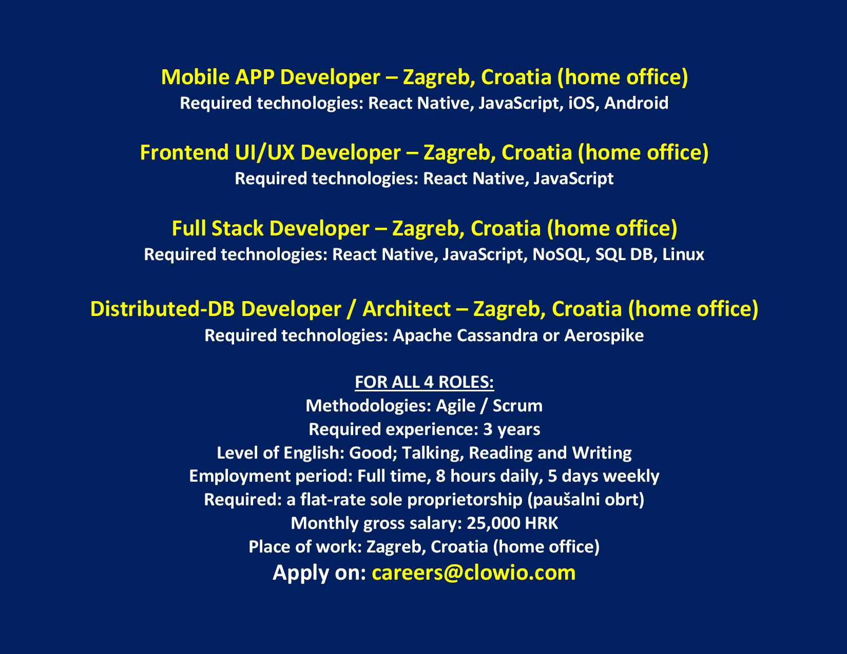 SW Developers – Zagreb, Croatia (home office) – Clowio